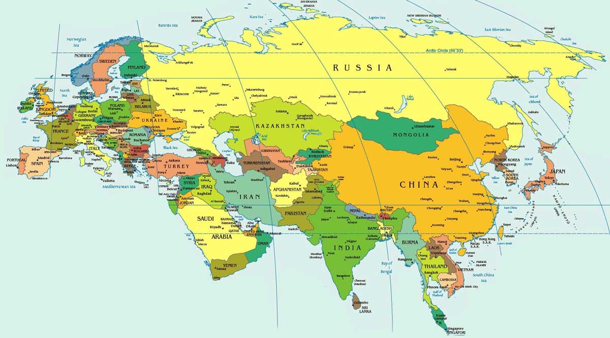 Политическая карта Евразии со странами